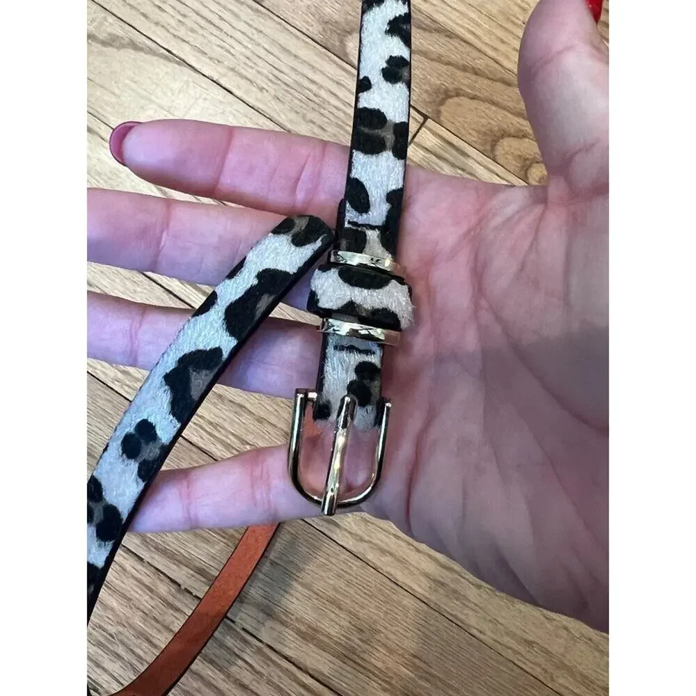 Leopard Print Belt With Gold Buckle Faux Leather & Hair-On Texture 34 Inches